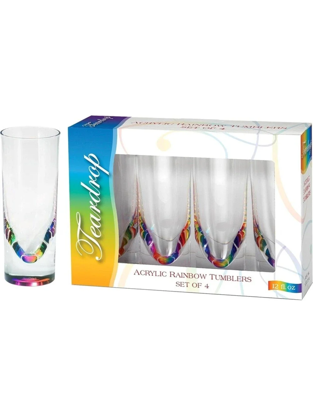 MERRITT TEARDROP ACRYLIC RAINBOW TUMBLERS 12 OZ DRINKWARE GLASSES SET OF 4 NEW